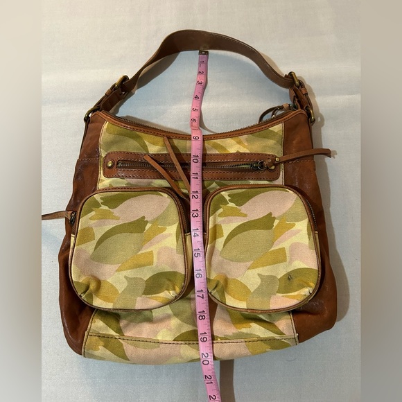 Fossil Boho Shoulder Purse Canvas Camouflage Brown Leather - Picture 13 of 13